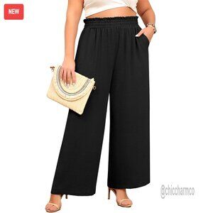 Plus Size Wide Leg Pants Elastic High Waist Palazzo Trousers with Pockets